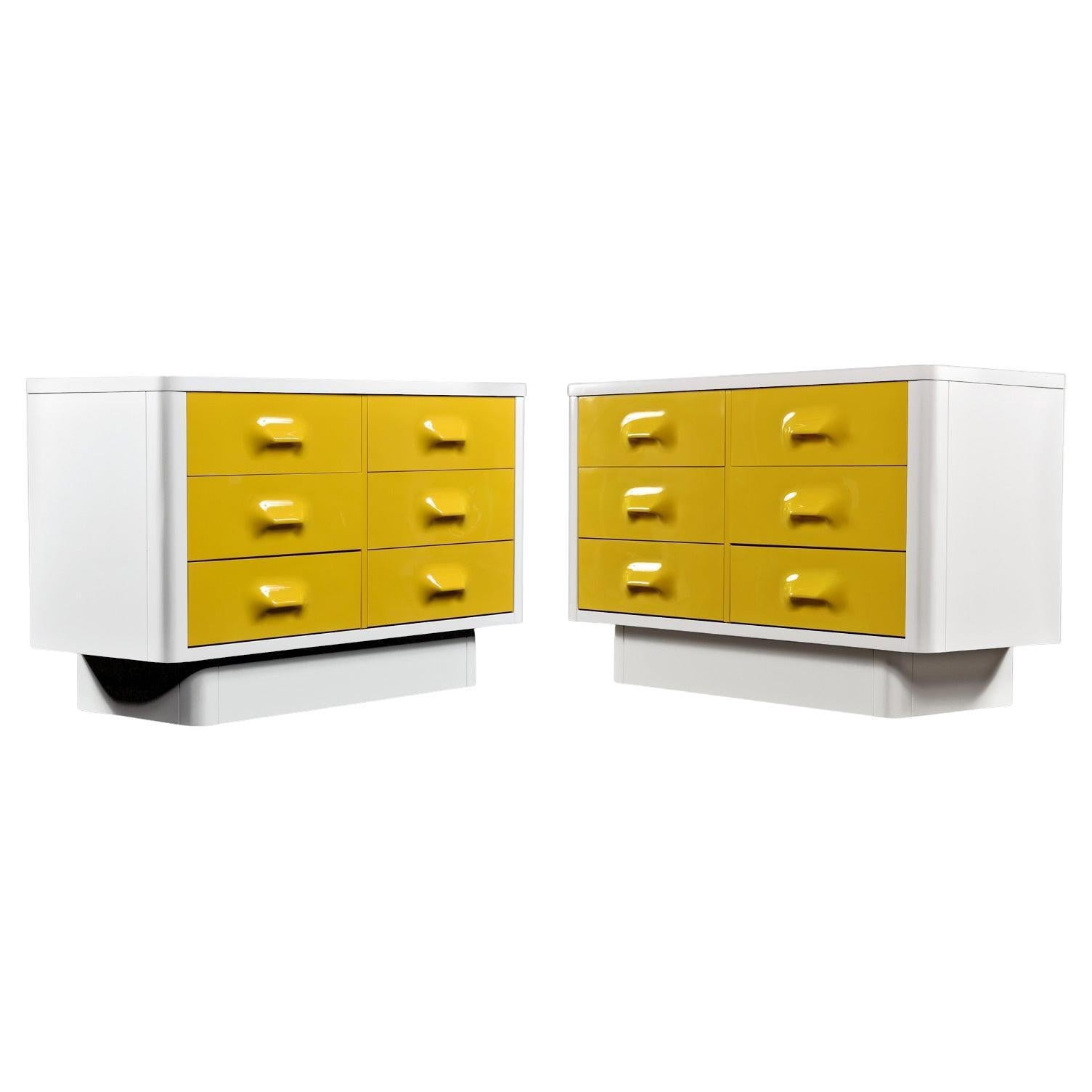 Pair of Raymond Loewy Inspired Yellow Chapter One Dressers by Broyhill Premier For Sale