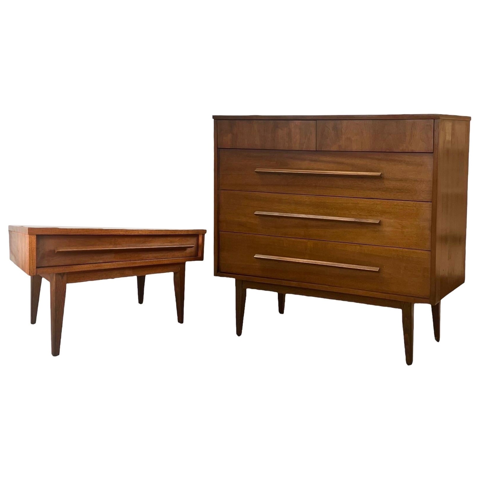 Vintage Mid Century Modern Cherry Wood Tallboy Dresser and End Table Set For Sale