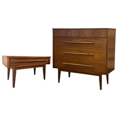 Vintage Mid Century Modern Cherry Wood Tallboy Dresser and End Table Set