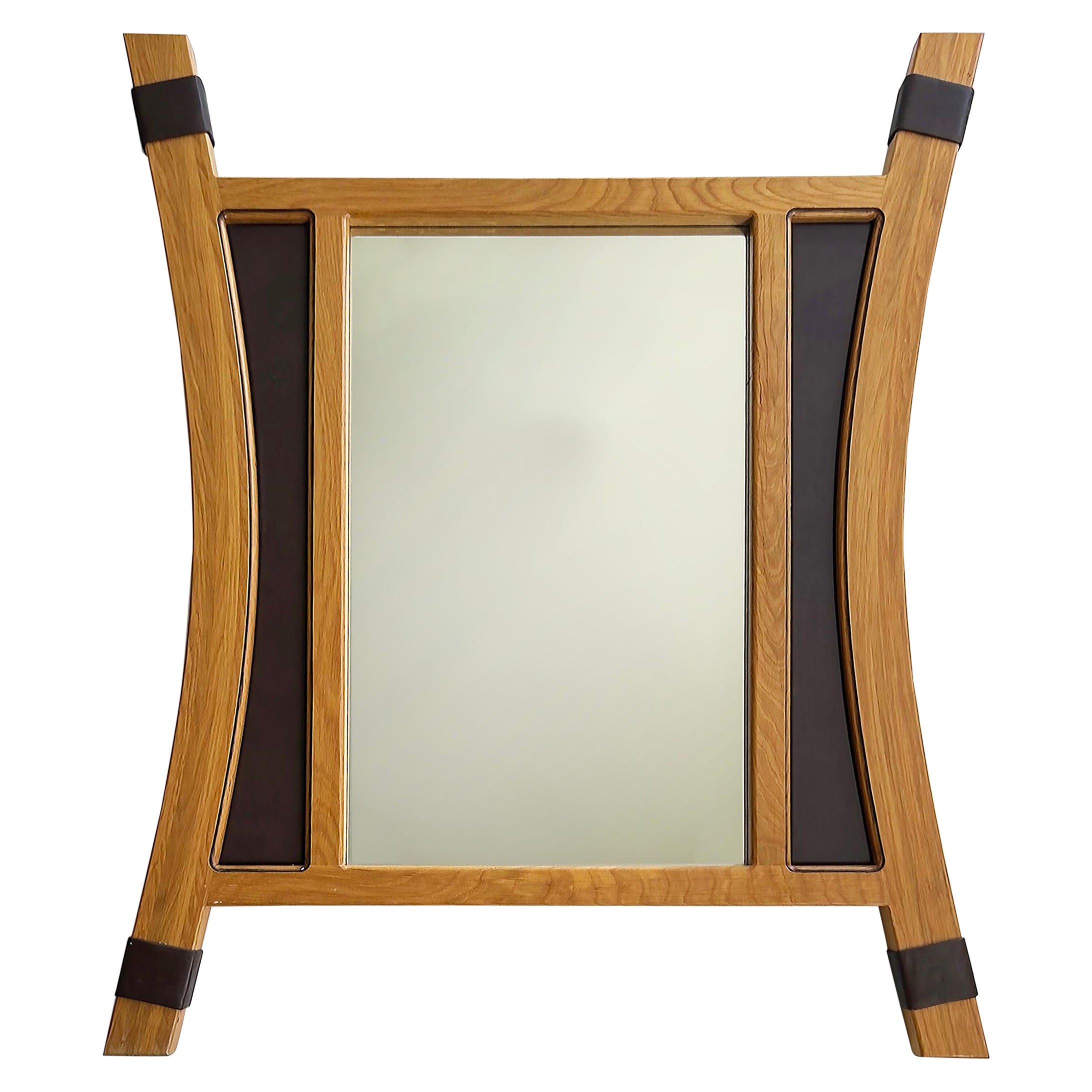 2012 Artist Signed Oak and Leather Studio Crafted Wall Mirror  For Sale