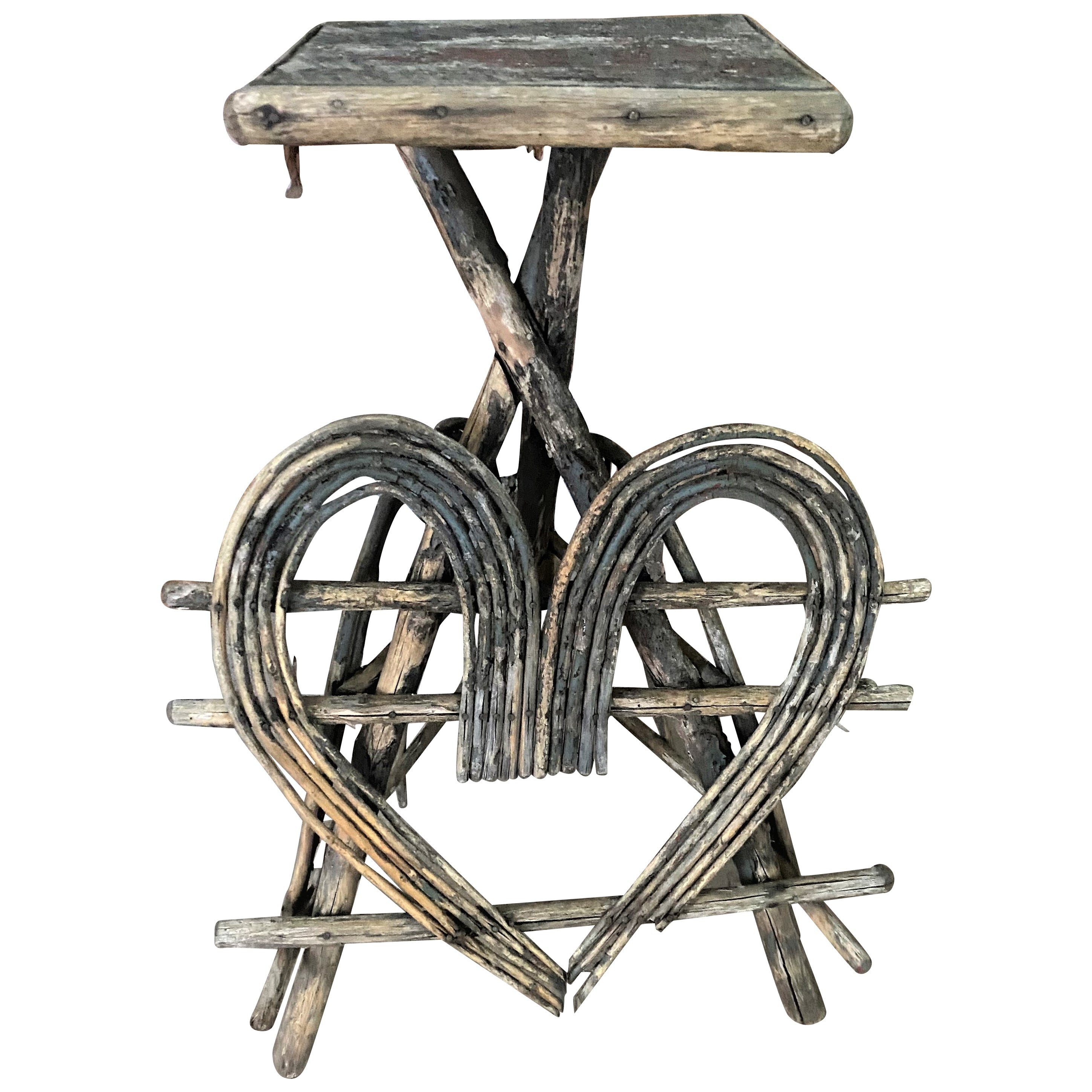 Rustic Adirondack Twig Branch Stand Cabin Side Table Heart Bent Wood Motif  For Sale