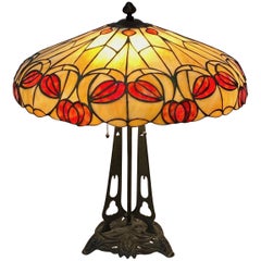 American Art Nouveau Leaded Glass Table Lamp with Bronze Base