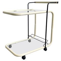Vintage Italian Modernist Serving Cart Trolley White Metal and Glass, Italy 1970