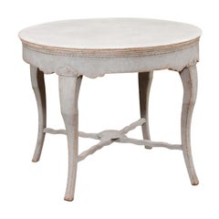 Used Swedish 19th Century Round Top Table with Carved Cabriole Legs and Stretcher