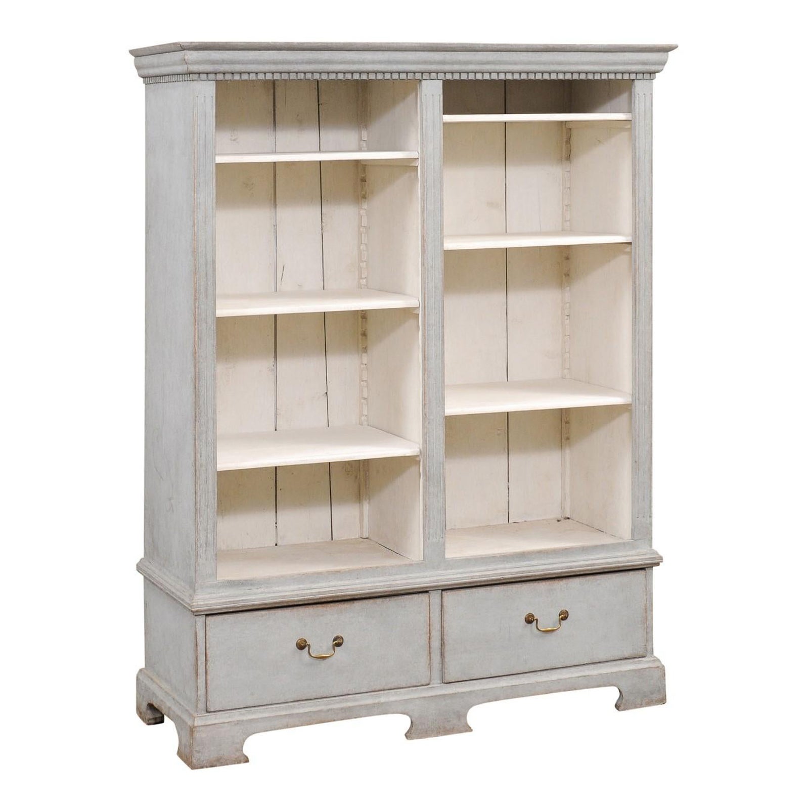  Swedish 1850s Gray Painted Bookcase with Open Shelves and Two Drawers
