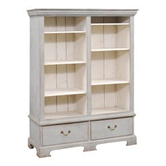 Antique  Swedish 1850s Gray Painted Bookcase with Open Shelves and Two Drawers