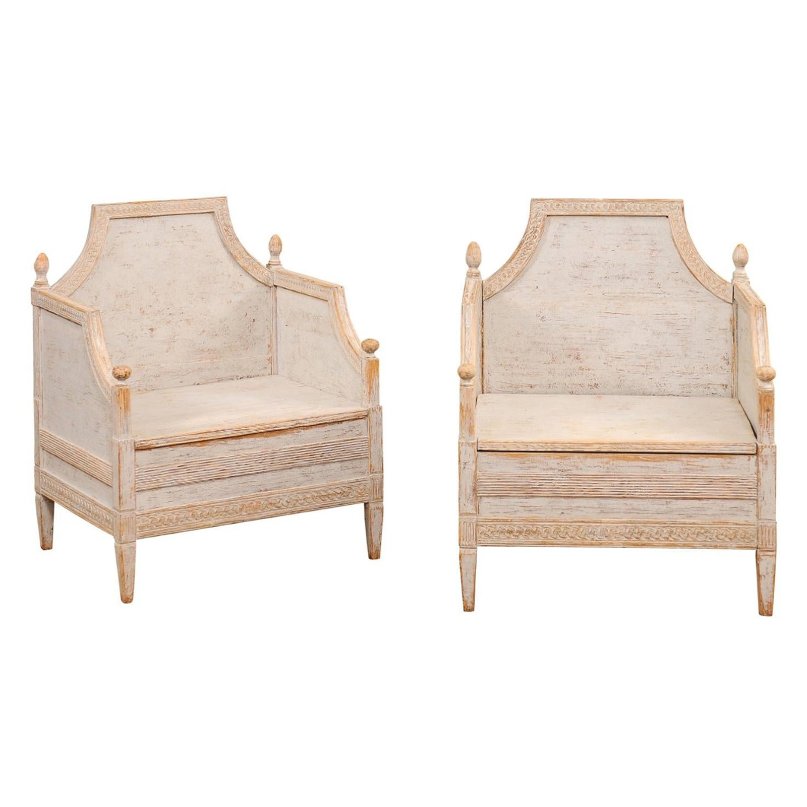Neoclassical Style 1850s Gray Painted and Carved Armchairs with Guilloches, Pair For Sale