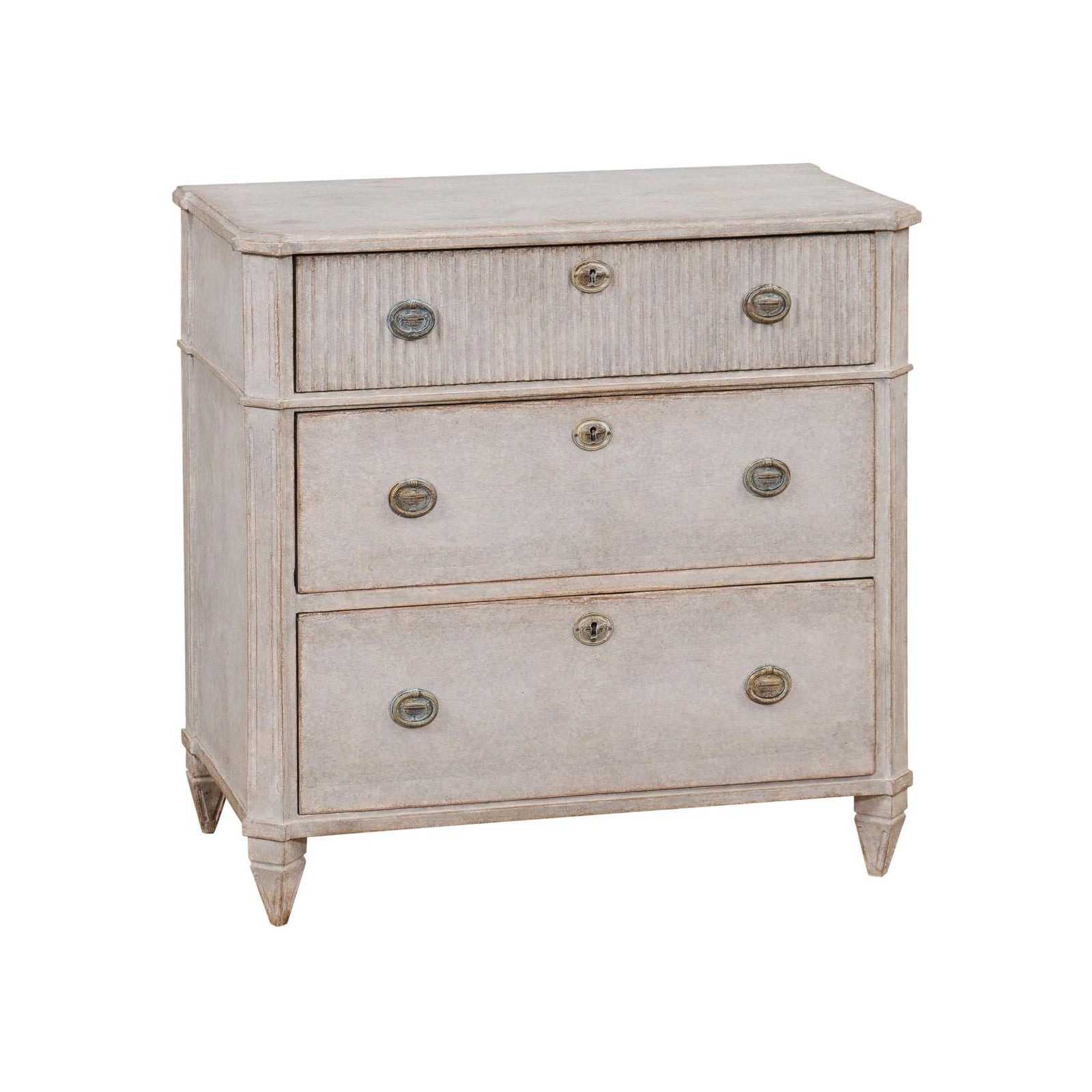 Swedish 1890s Gustavian Style Gray Painted Three Drawer Chest with Reeded Motifs