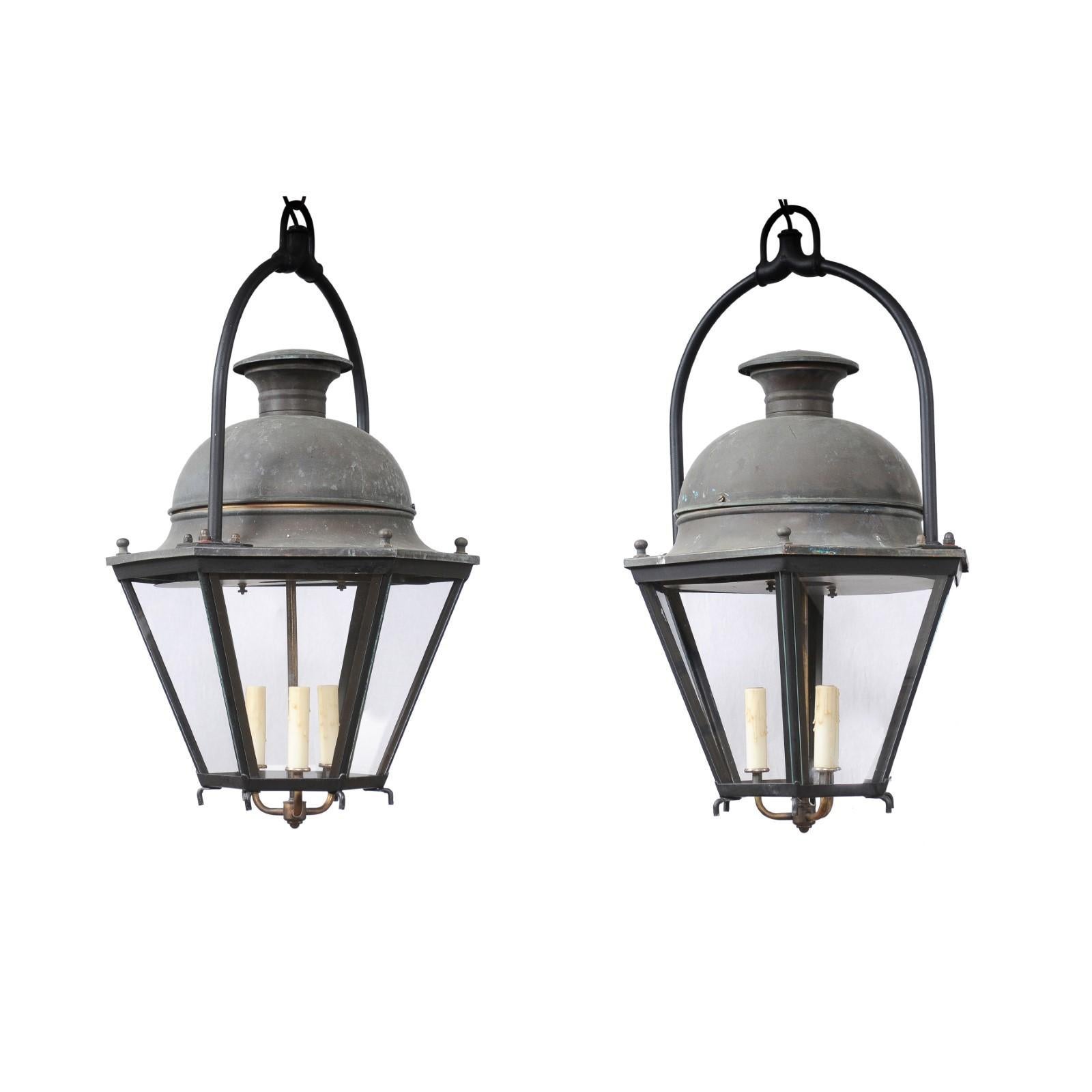 French Hexagonal Three-Light Copper Lanterns with Domed Tops, Two Sold Each