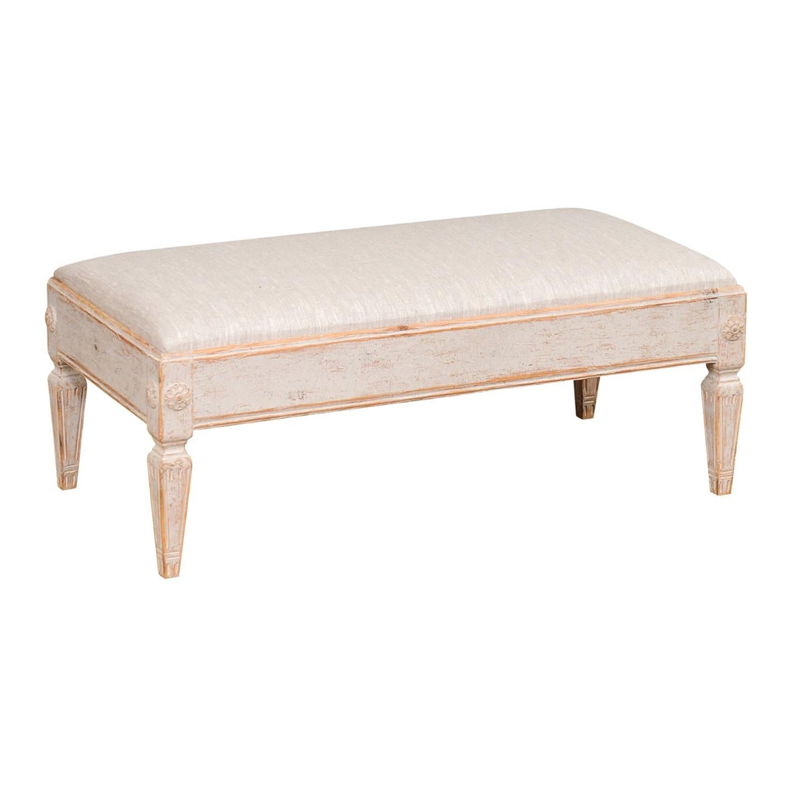 Gustavian Style 1900s Swedish Footstool with Carved Rosettes and Tapered Legs