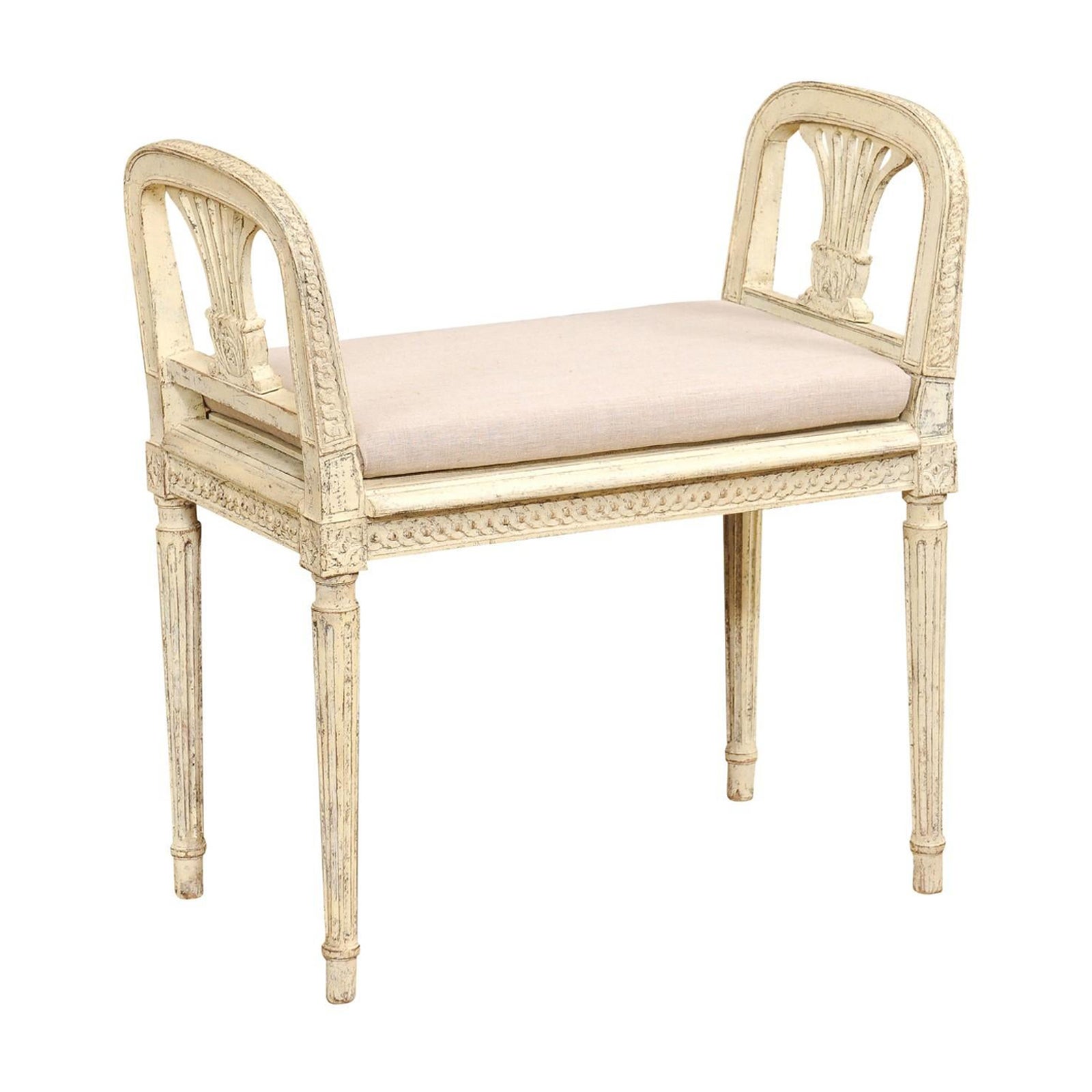 Neoclassical Style Swedish Small Painted Bench with Carved Guilloche Décor