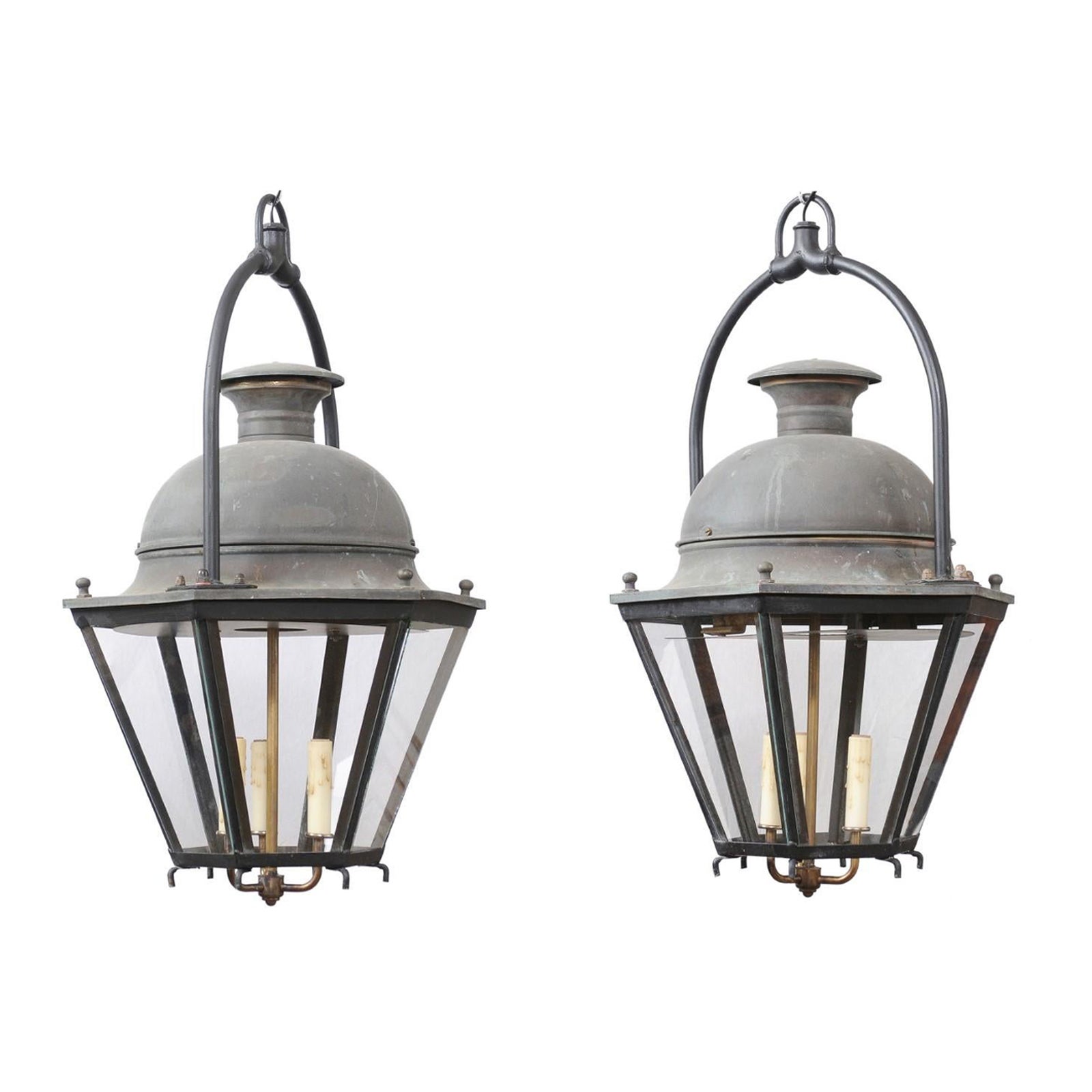 French Hexagonal Three-Light Copper Lanterns with Domed Tops, Sold Each For Sale