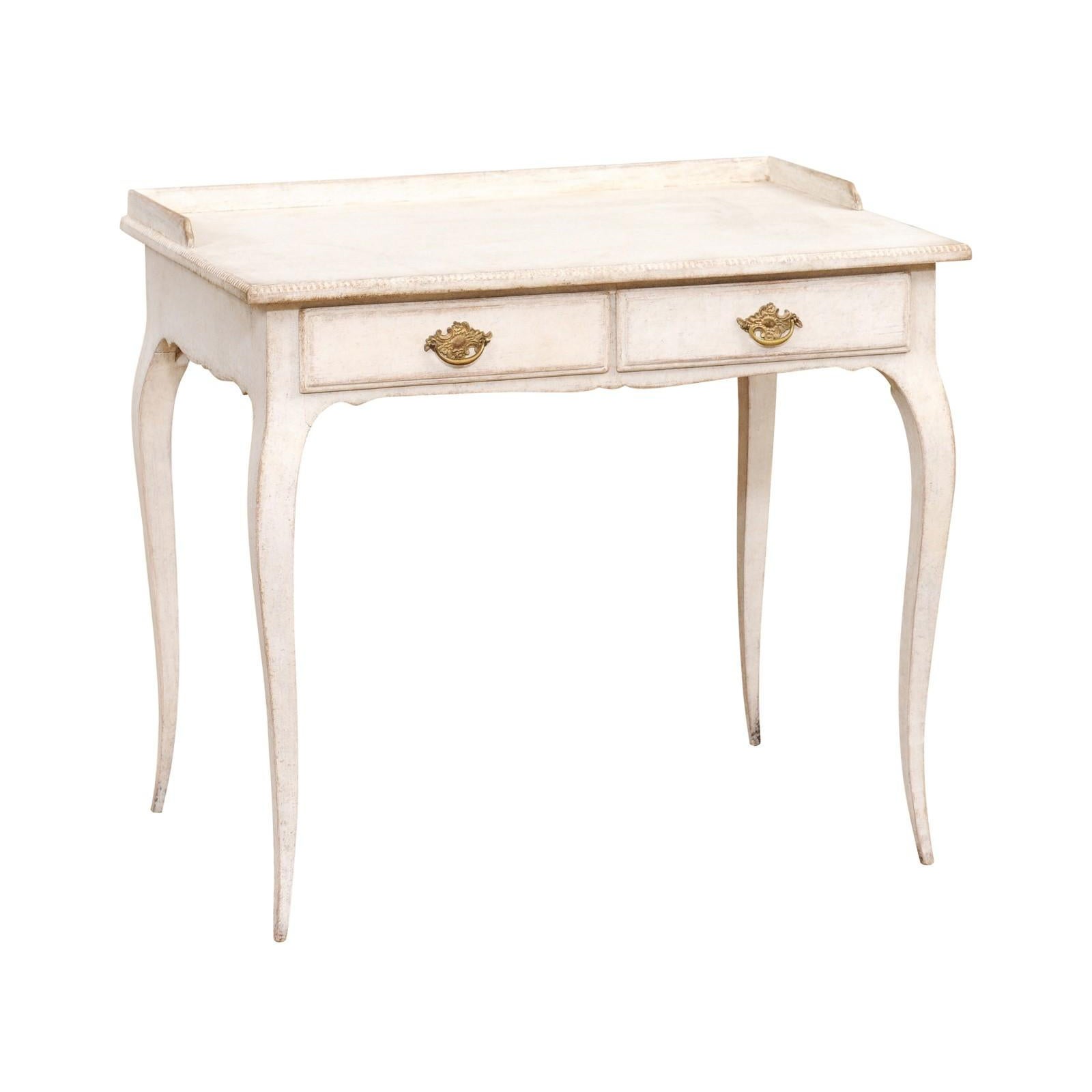 Swedish Rococo Style 1880s Light Painted Desk with Two Drawers and Cabriole Legs