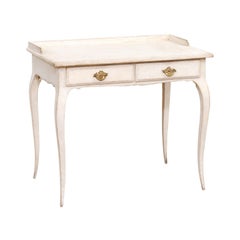 Antique Swedish Rococo Style 1880s Light Painted Desk with Two Drawers and Cabriole Legs