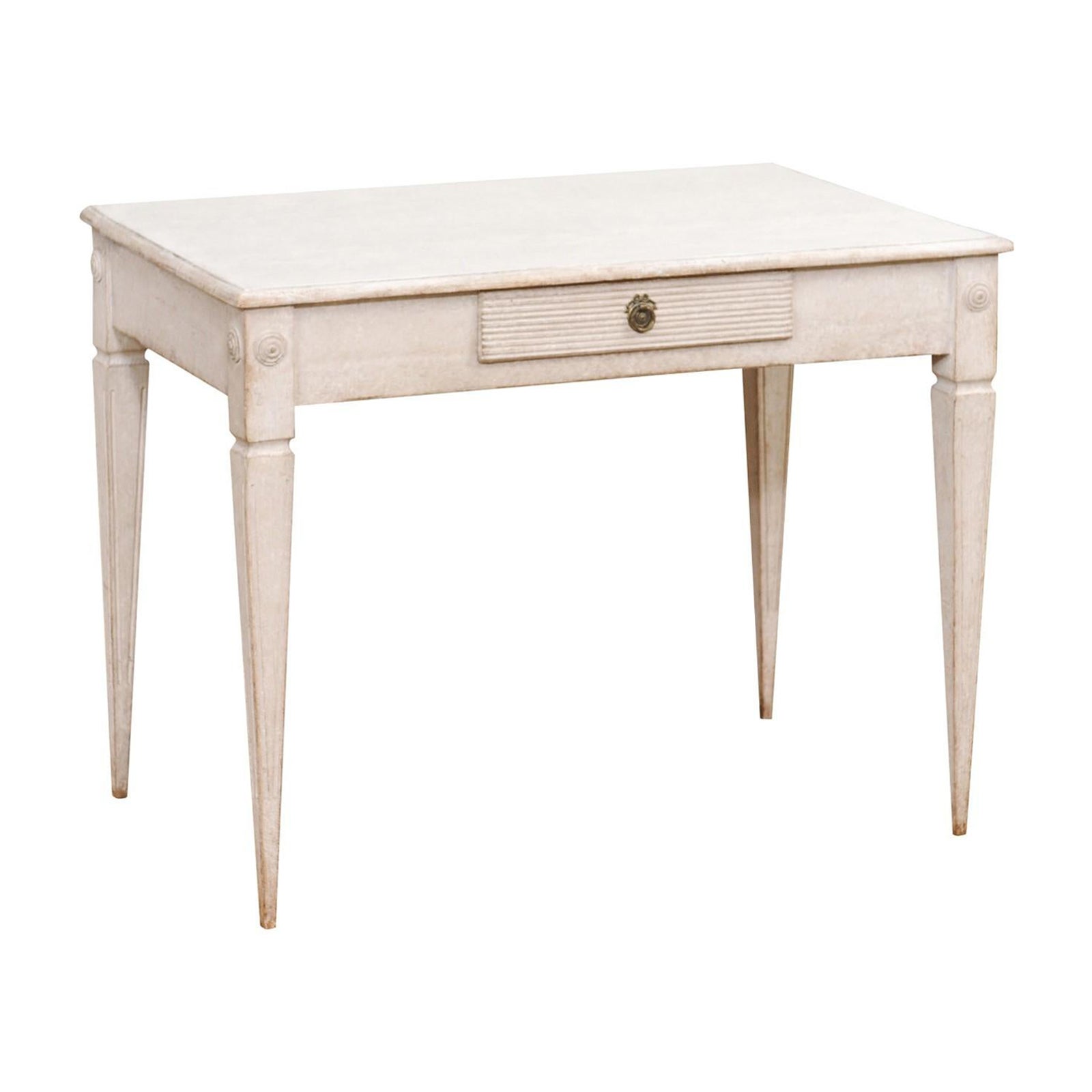Gustavian Style Light Gray Painted Desk with Carved Reeded Drawer, circa 1900 For Sale