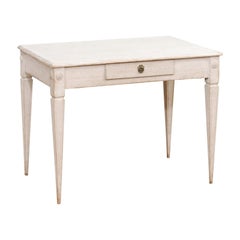 Antique Gustavian Style Light Gray Painted Desk with Carved Reeded Drawer, circa 1900