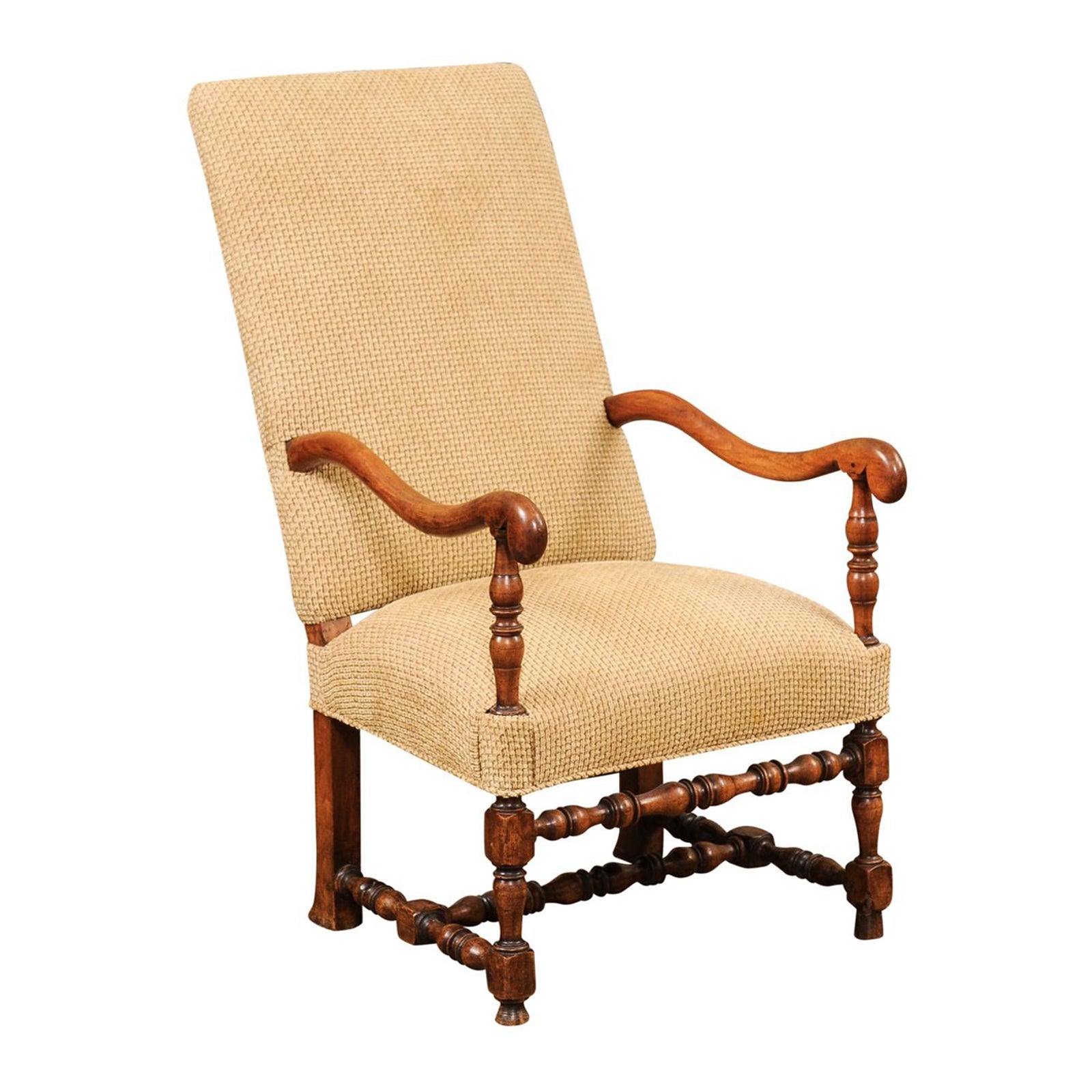 Louis XIII Style Walnut French Fauteuil with Scrolling Arms and Turned Base For Sale