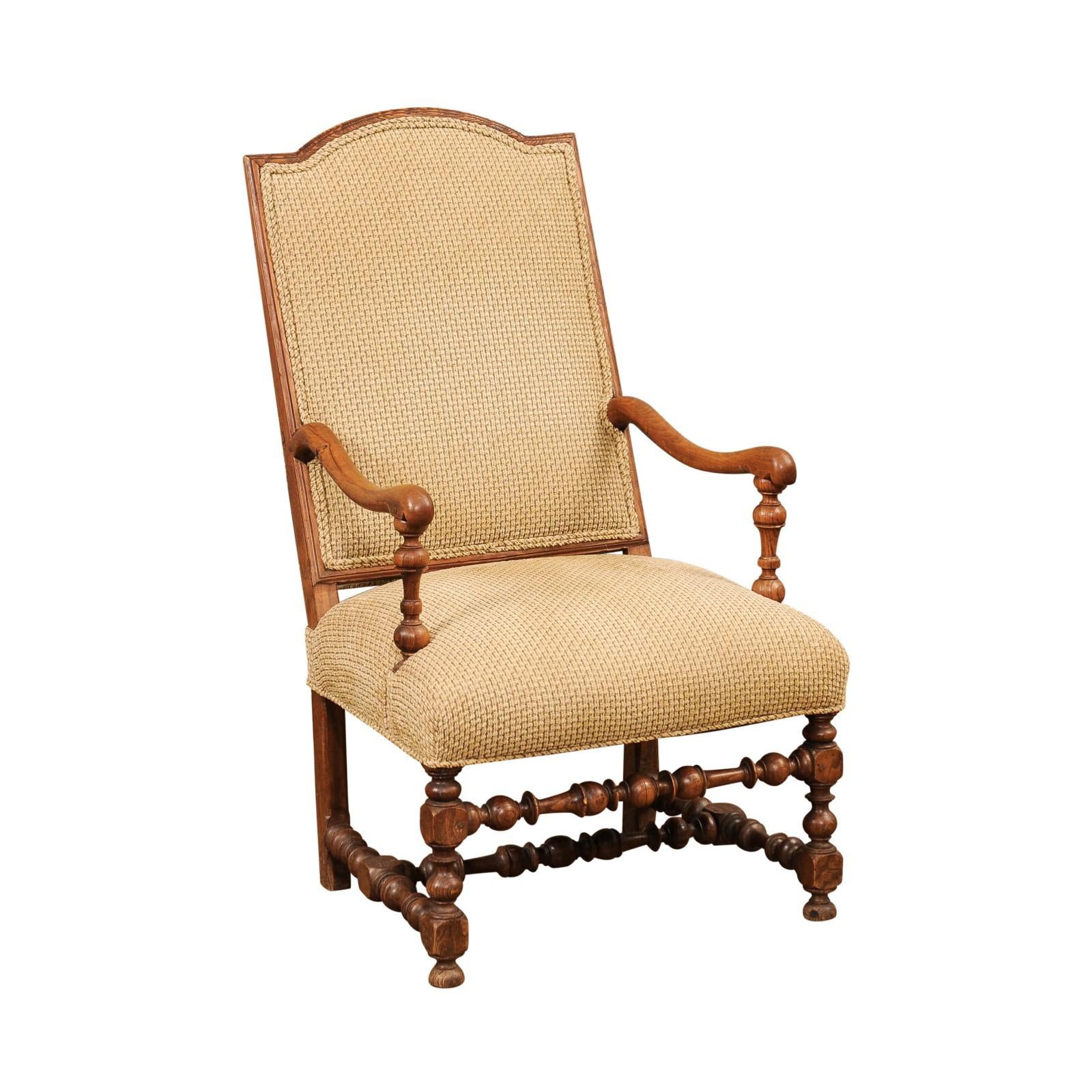 French Louis XIII Style 19th Century Walnut Armchair with Turned Base For Sale