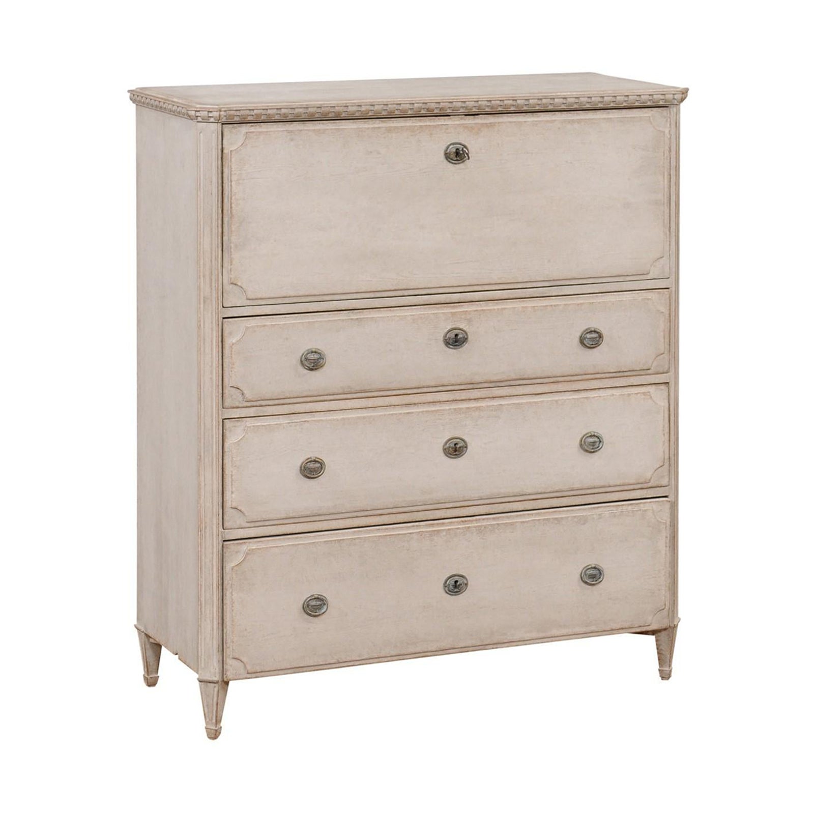Gustavian Style 1840s Gray Painted Drop Front Secretary with Graduated Drawers For Sale