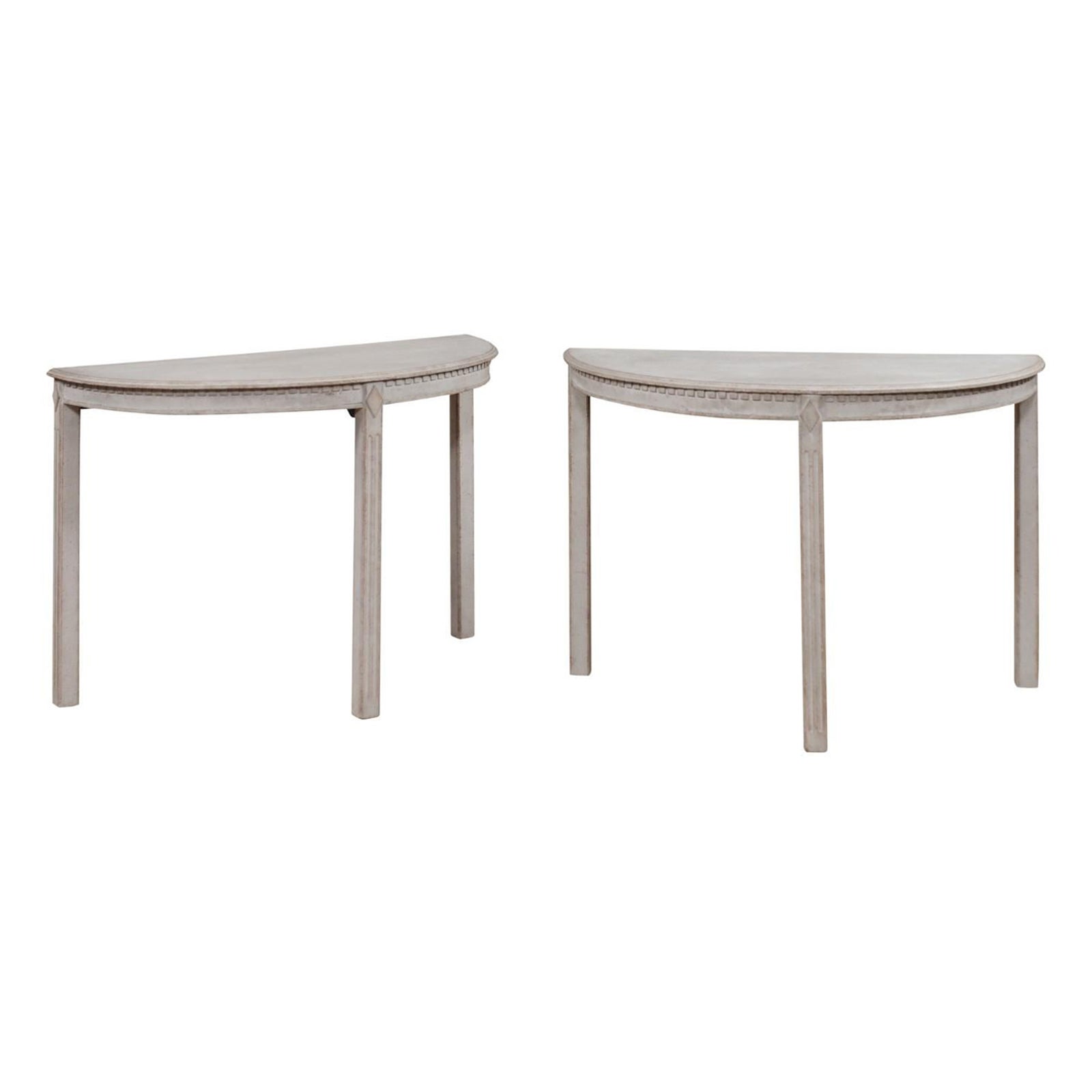 Gray Painted Gustavian Style 1890s Demilune Tables with Carved Dentil, a Pair For Sale