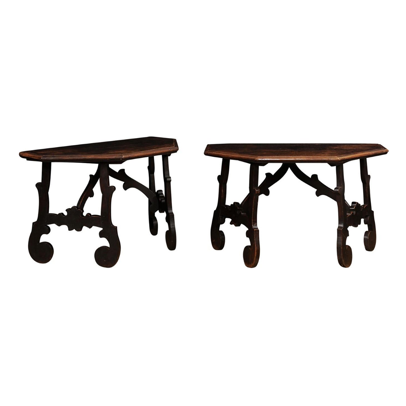 17th Century Italian Baroque Walnut Fratino Consoles with Carved Bases, a Pair For Sale