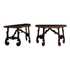 Antique 17th Century Italian Baroque Walnut Fratino Consoles with Carved Bases, a Pair