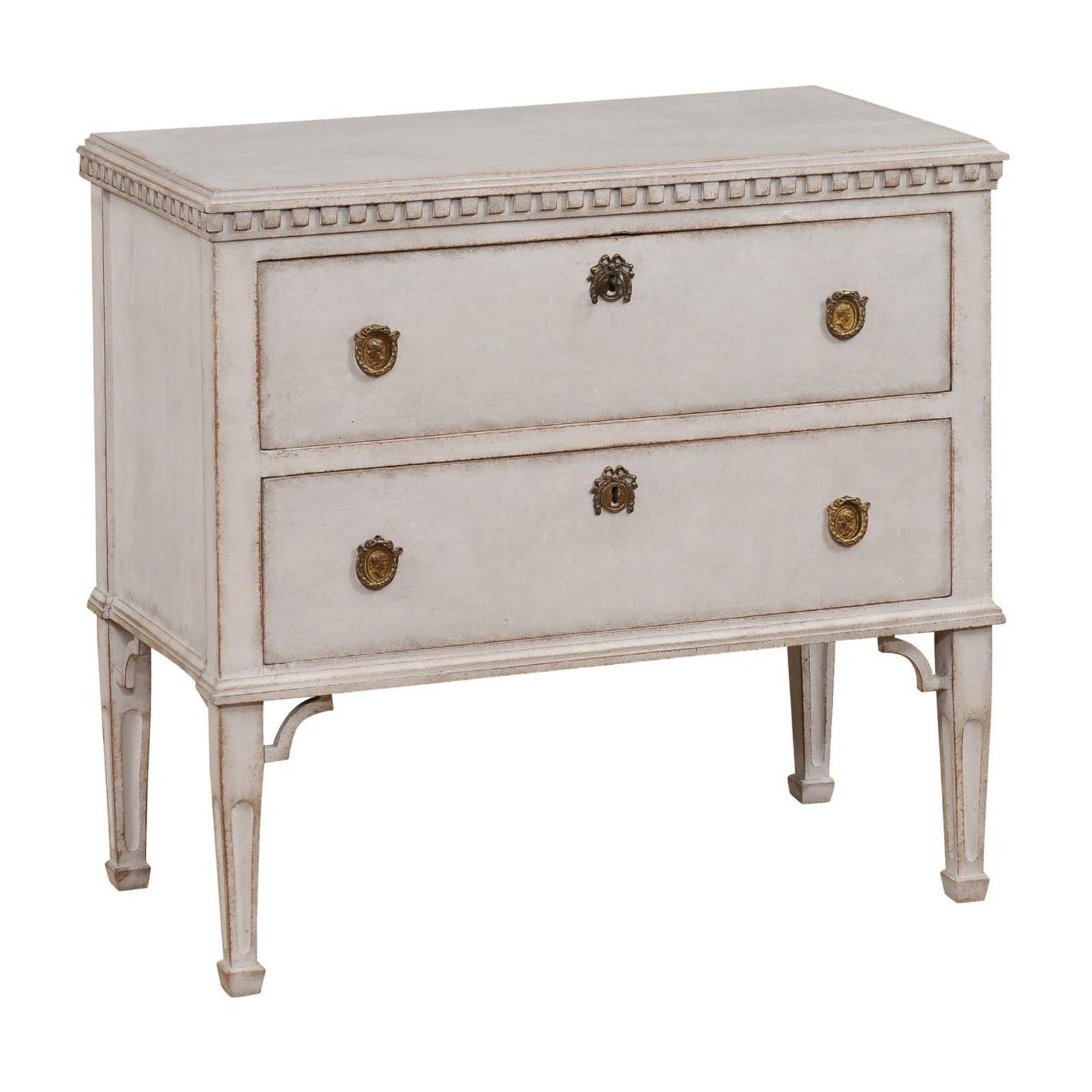 Swedish Gustavian Style 19th Century Light Gray Painted Two Drawer Chest For Sale
