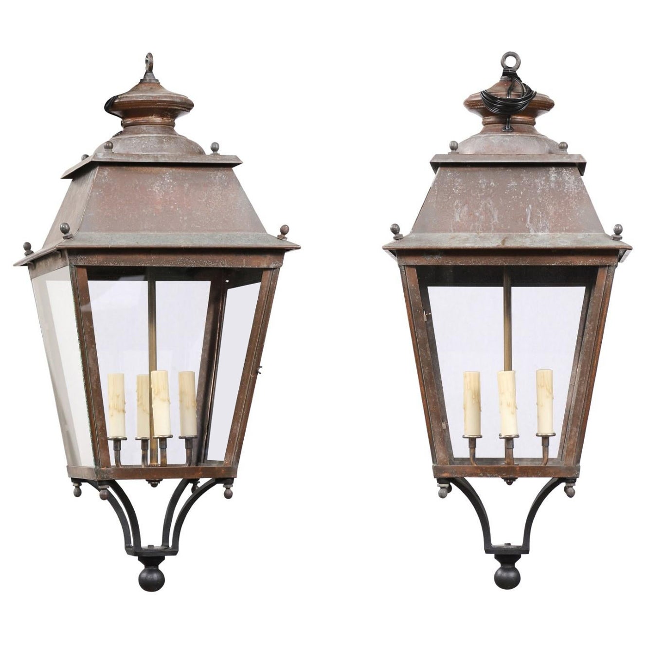 French Four-Light Copper and Glass Lanterns with Canopy, US Wired and Sold Each For Sale