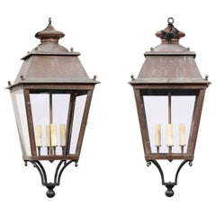 Used French Four-Light Copper and Glass Lanterns with Canopy, US Wired and Sold Each