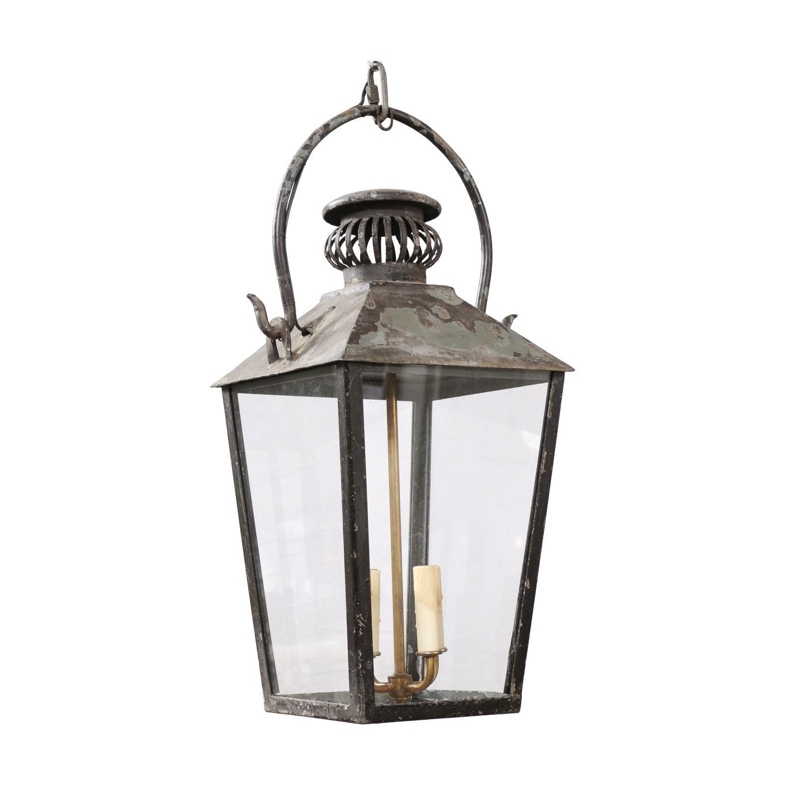 French Turn of the Century 1900s Iron and Glass Four-Lights Lantern, USA Wired For Sale