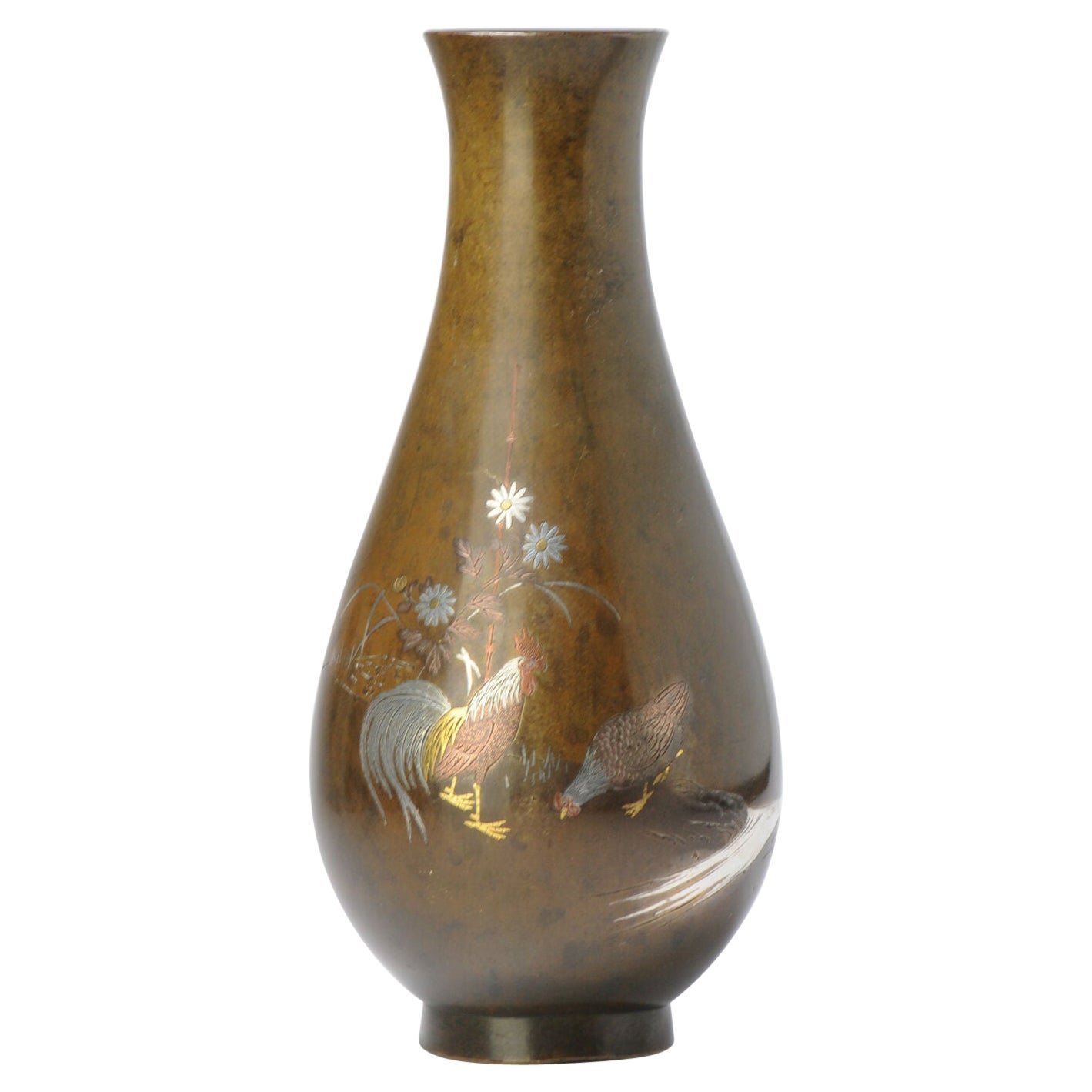Antique Mixed Metal Japanese Shibuichi Rooster Vase Bronze Japan Porcelain