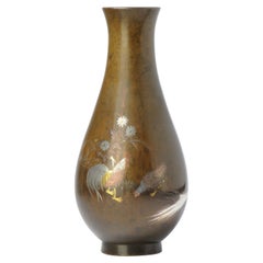 Antique Mixed Metal Japanese Shibuichi Rooster Vase Bronze Japan Porcelain