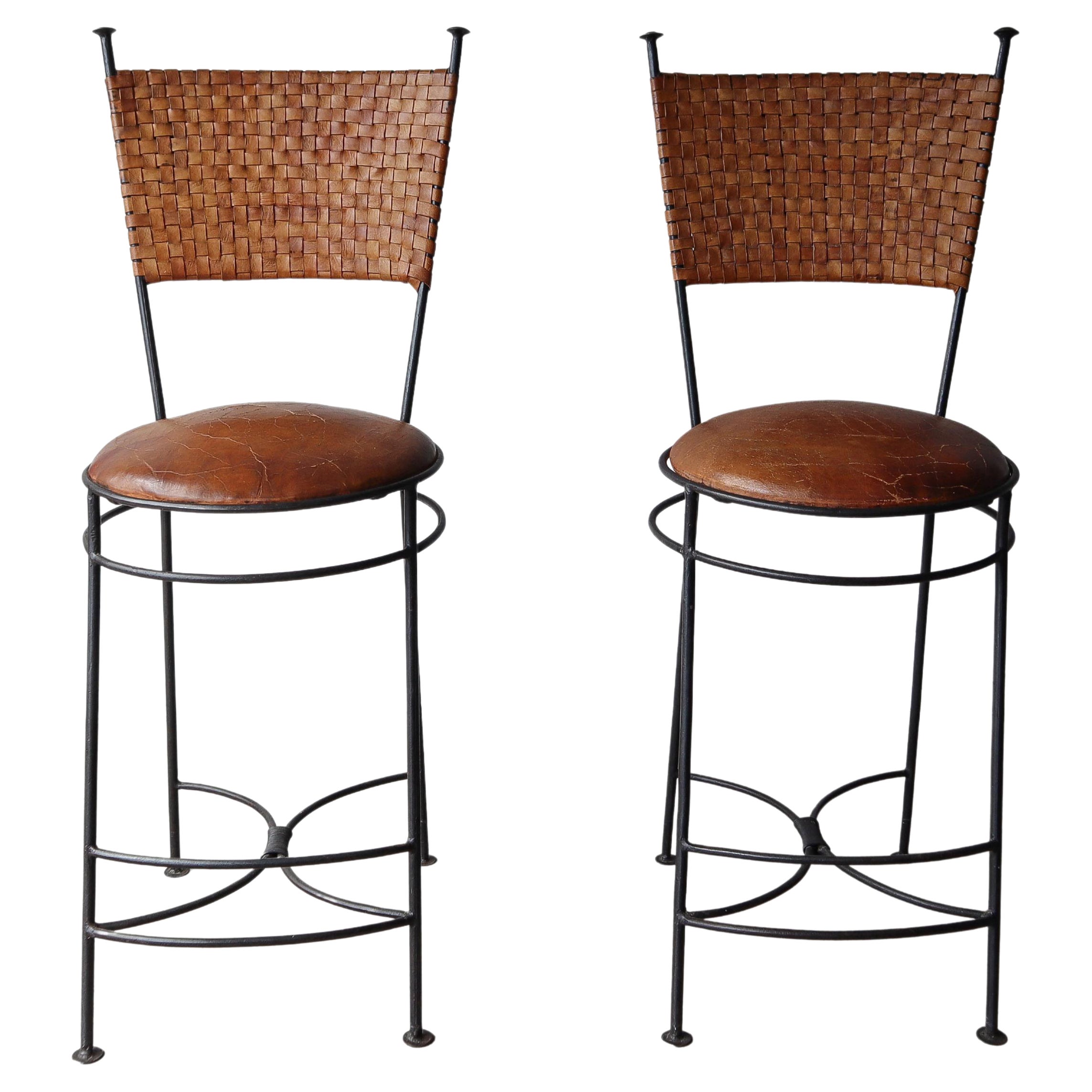 Oversized Vintage Woven Leather and Iron Bar Stools - A Pair