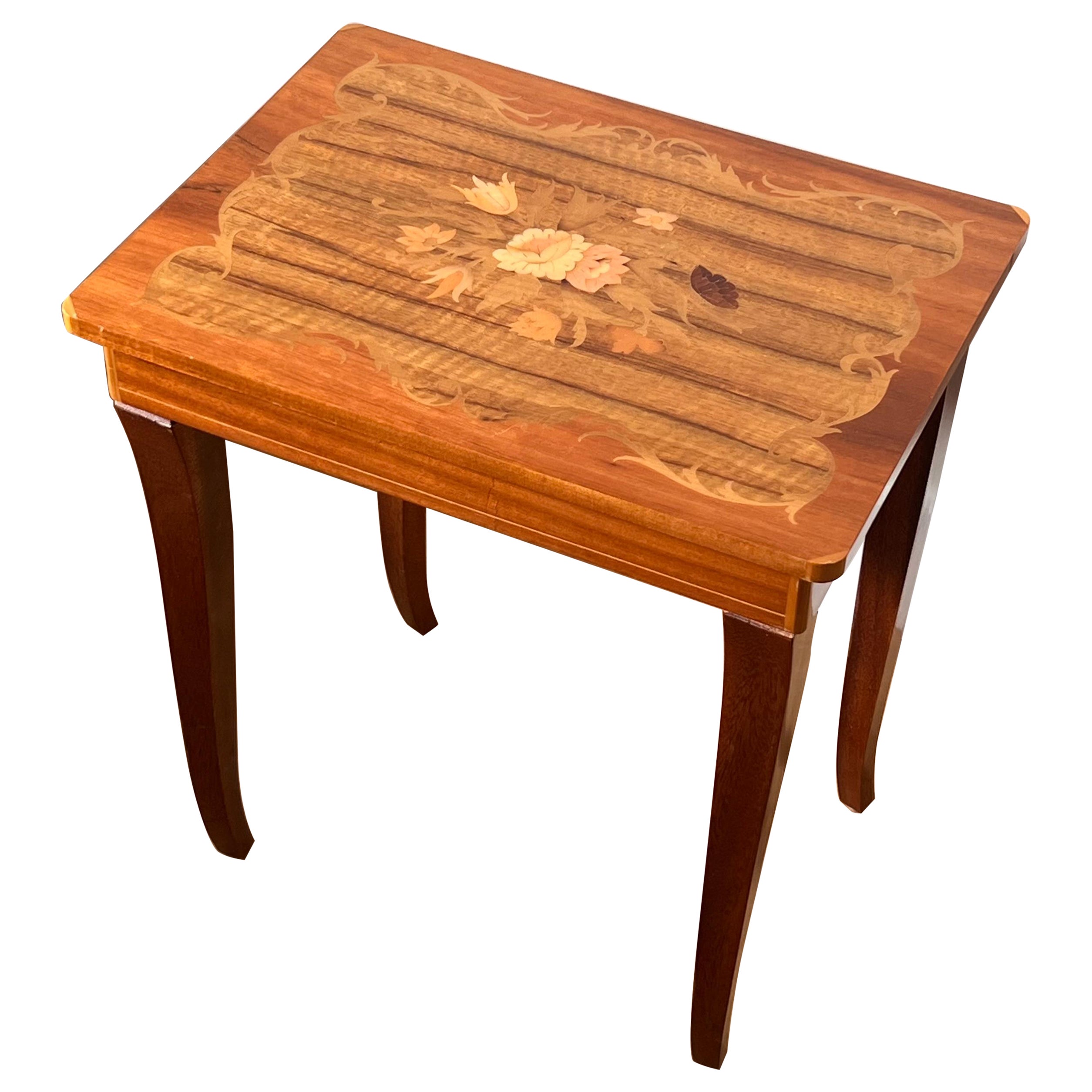 vintage Italian marquetry music-box side table, mid 20th c