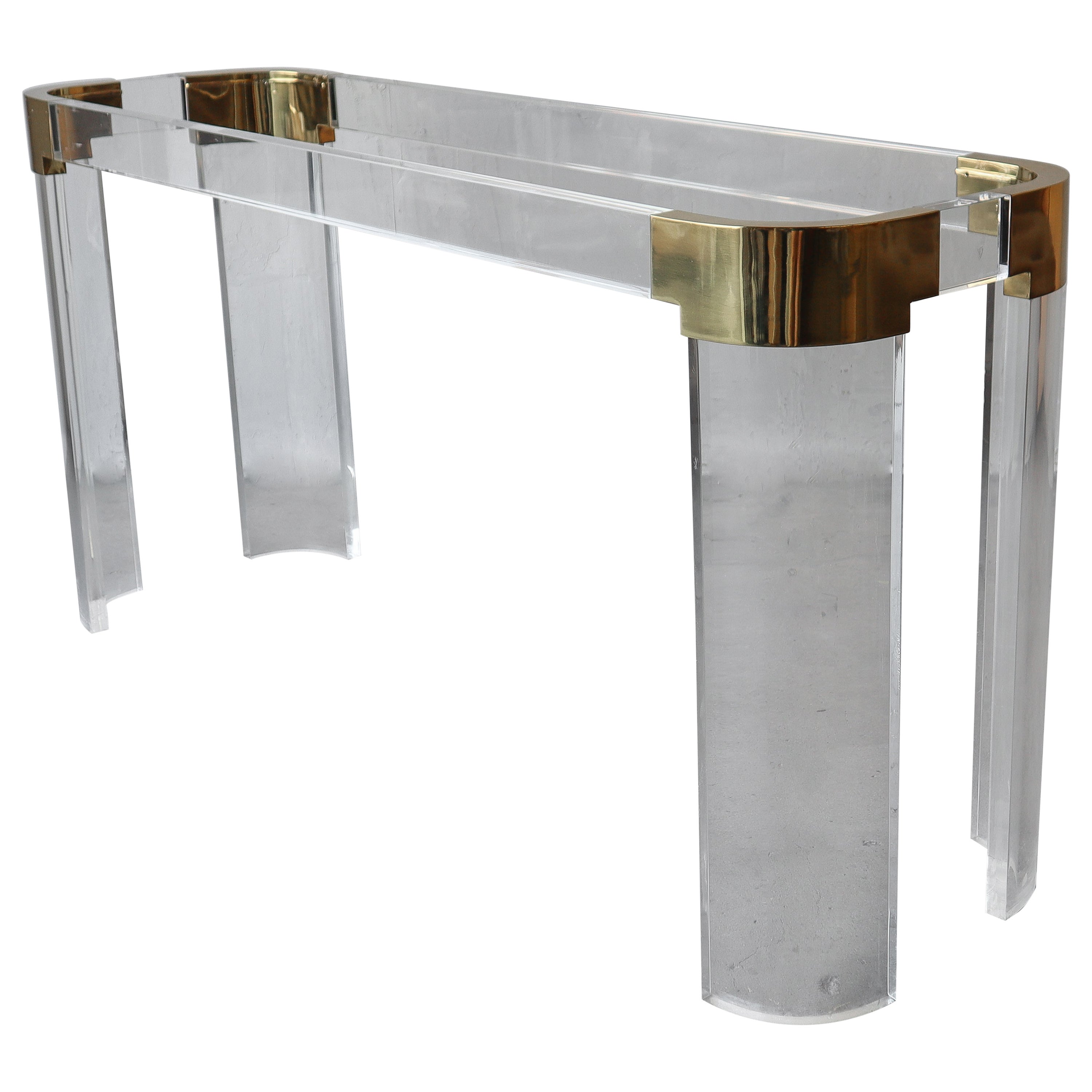 Charles Hollis Jones Lucite & Brass Console Table For Sale