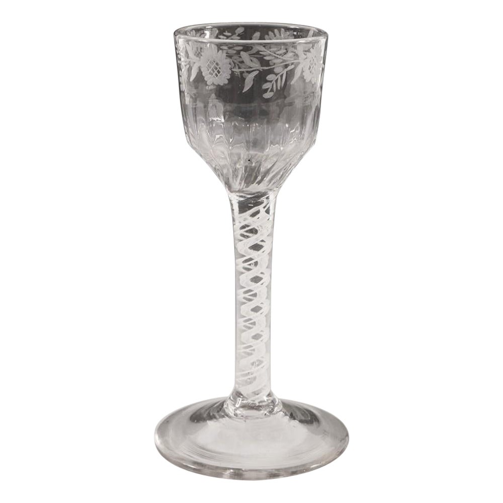 A Very Fine Engraved Single Series Opaque Twist Wine Glass c1760 For Sale