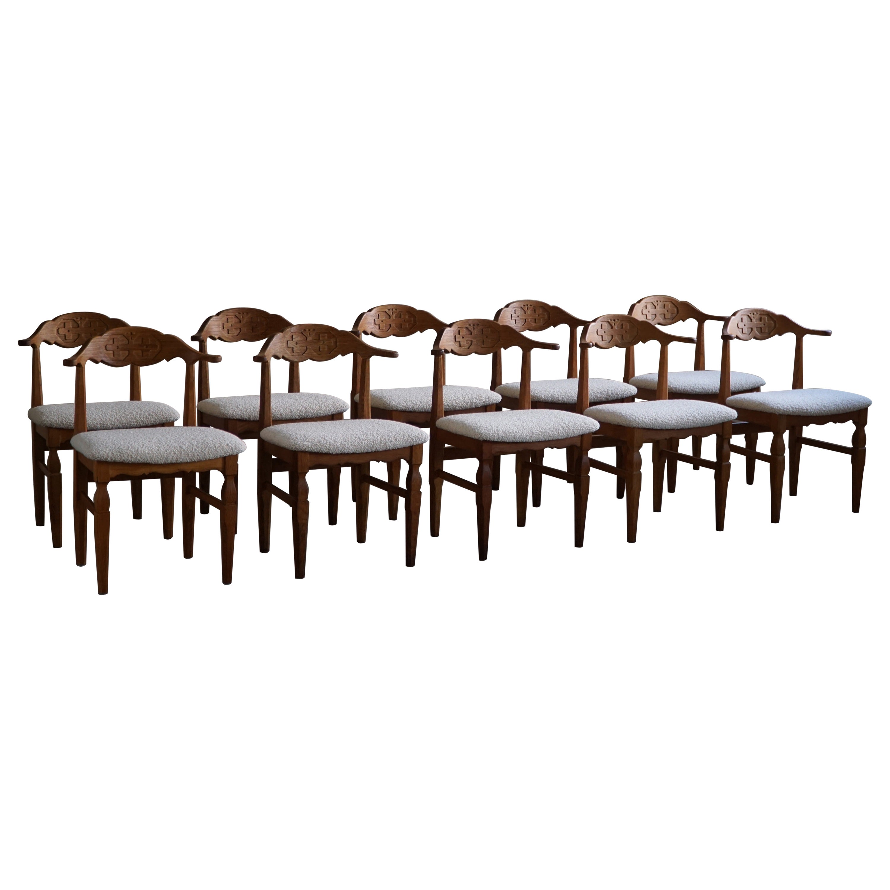 Danish Modern, Set of 10 Dining Chairs in Oak & Bouclé, Henning Kjærnulf, 1960s