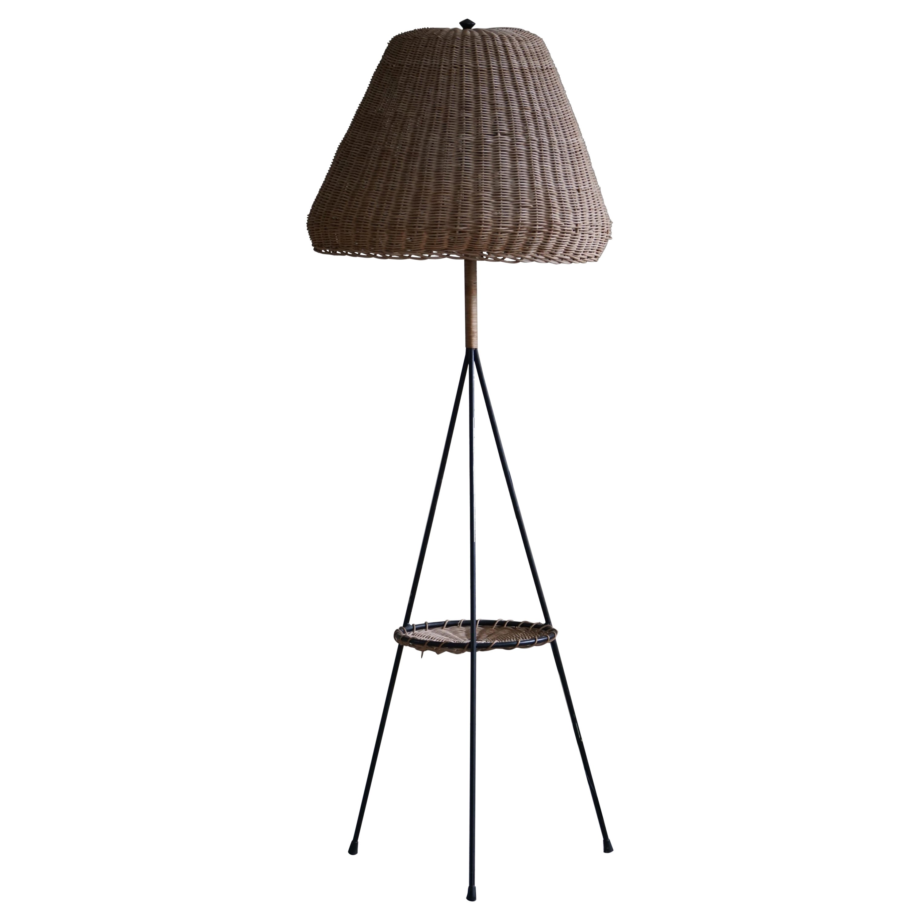 French Modern, Floor Lamp in Rattan and Steel, Mid Century, 1960s For Sale