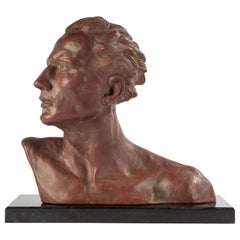 Art Deco Period Terracotta Bust of a Young Man ‘En-Profil’ by M. Laeremans