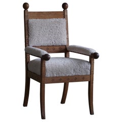 Folk Art Armchair in Oak & Lambswool, Reupholstered, Danish Modern, Early 20th C