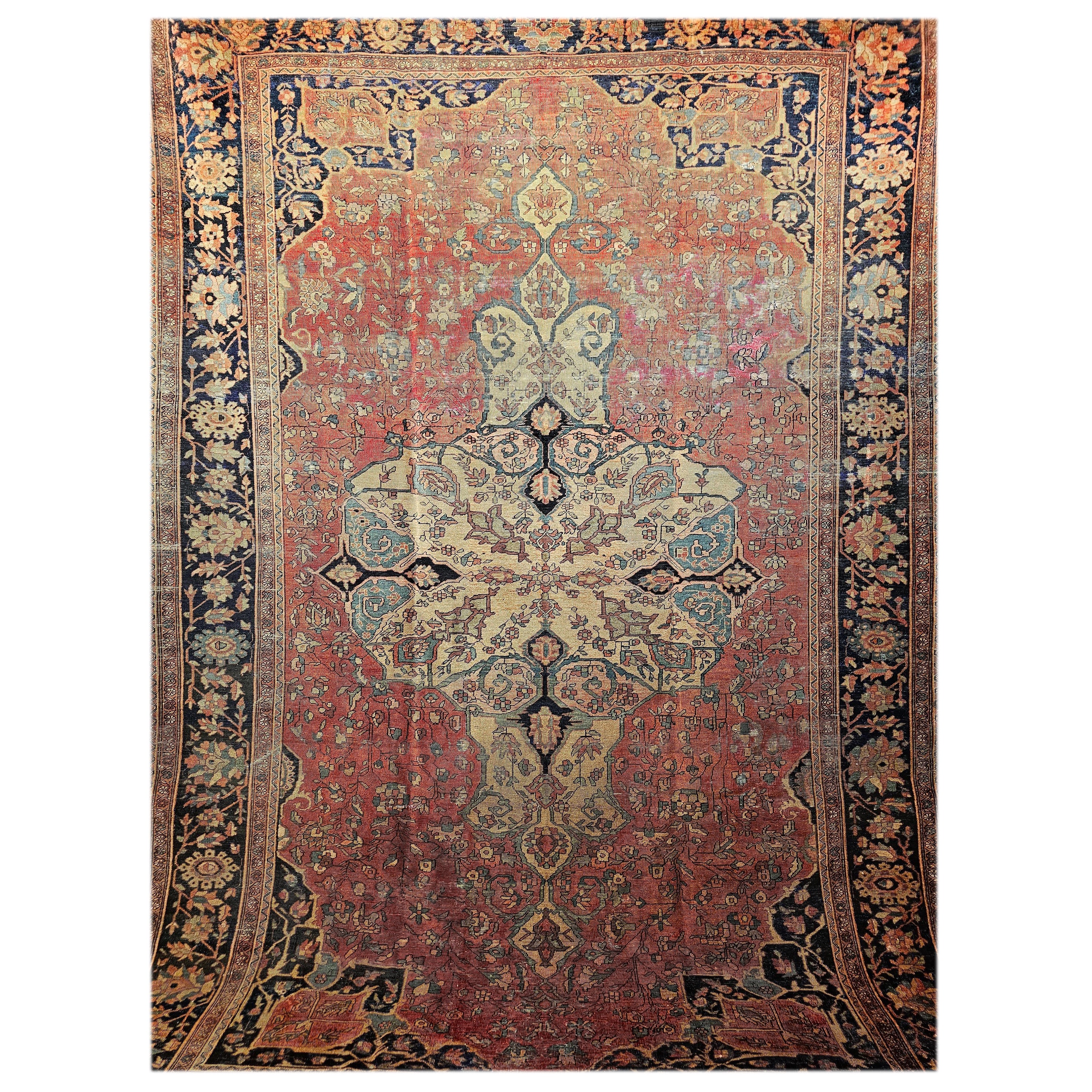 Late 19th Century Persian Sarouk Farahan in in Red, Tan, Baby Blue, Navy Blue For Sale