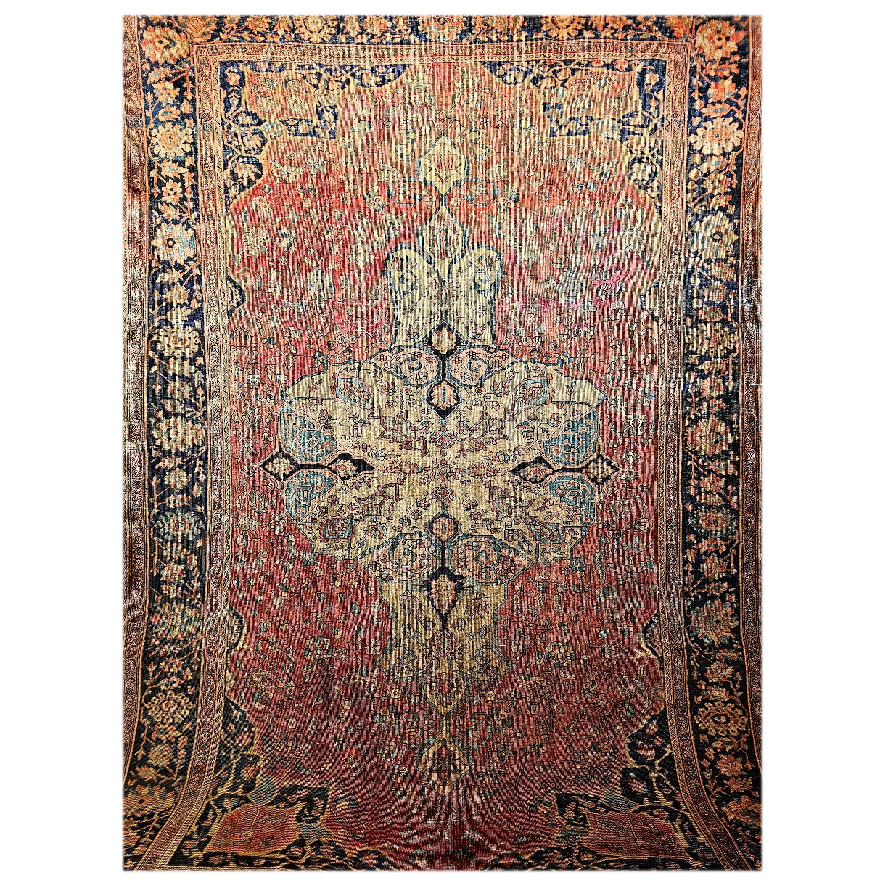 19th Century Persian Farahan Rug in Floral Pattern in Red, Saffron, Blue, Ivory