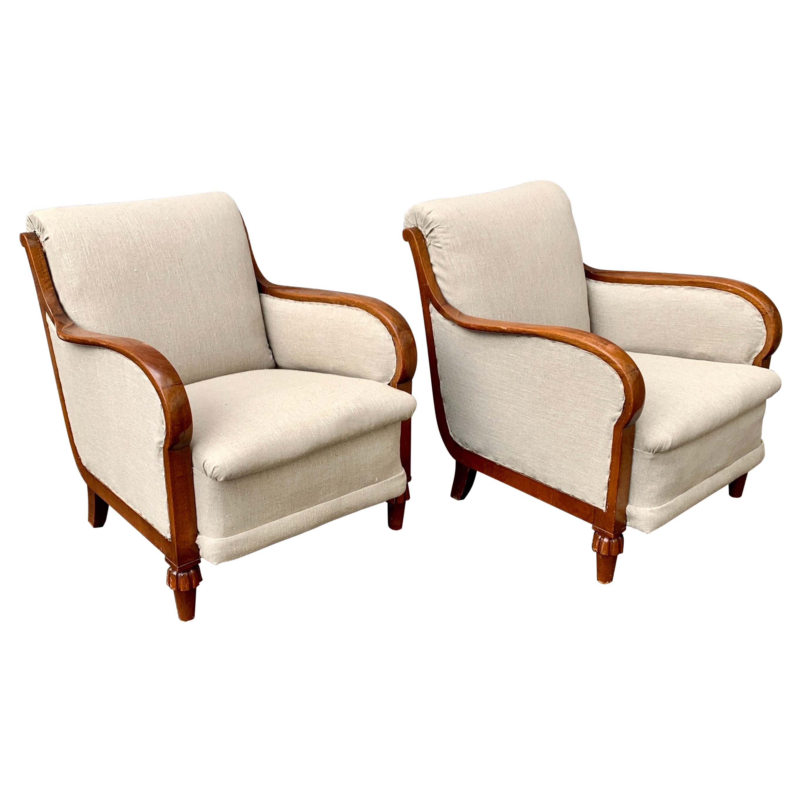 Pair of Large Swedish 19th Cantury Oak Armchairs in Beige Fabric For Sale