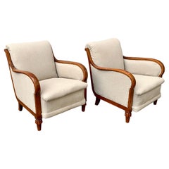 Pair of Large Swedish 19th Cantury Oak Armchairs in Beige Fabric
