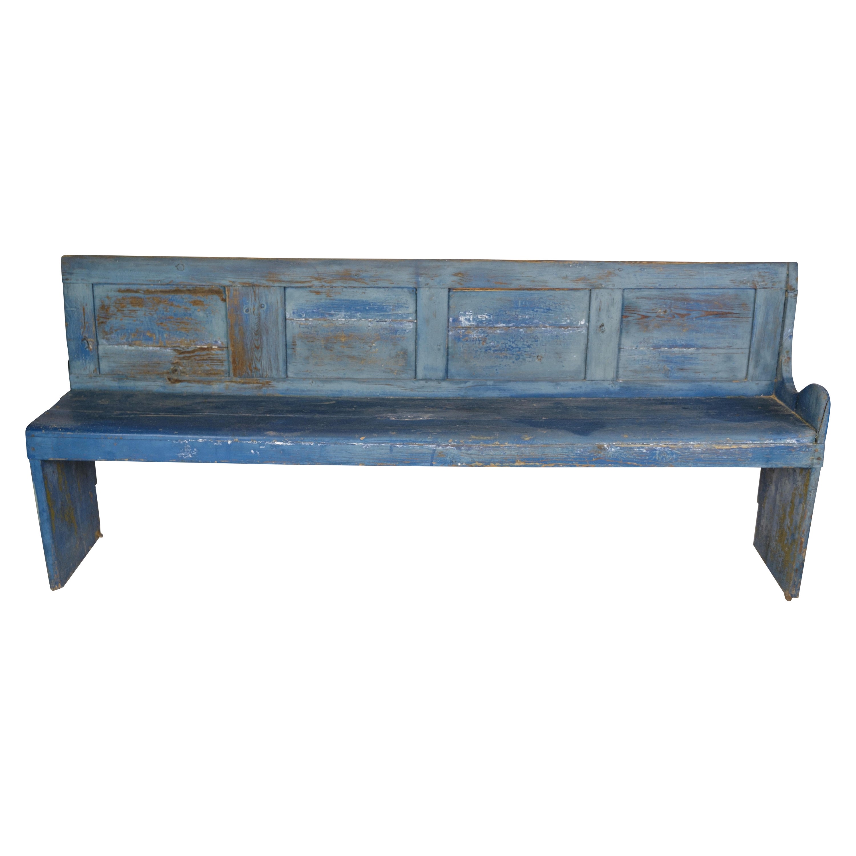 Original Blue Painted Pine Wood Bench from the 1840s For Sale