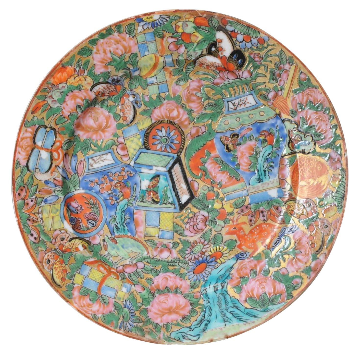 Raro Plato Cantonés Antiguo de Porcelana China Guangxu Flores, 1875-1908 en venta