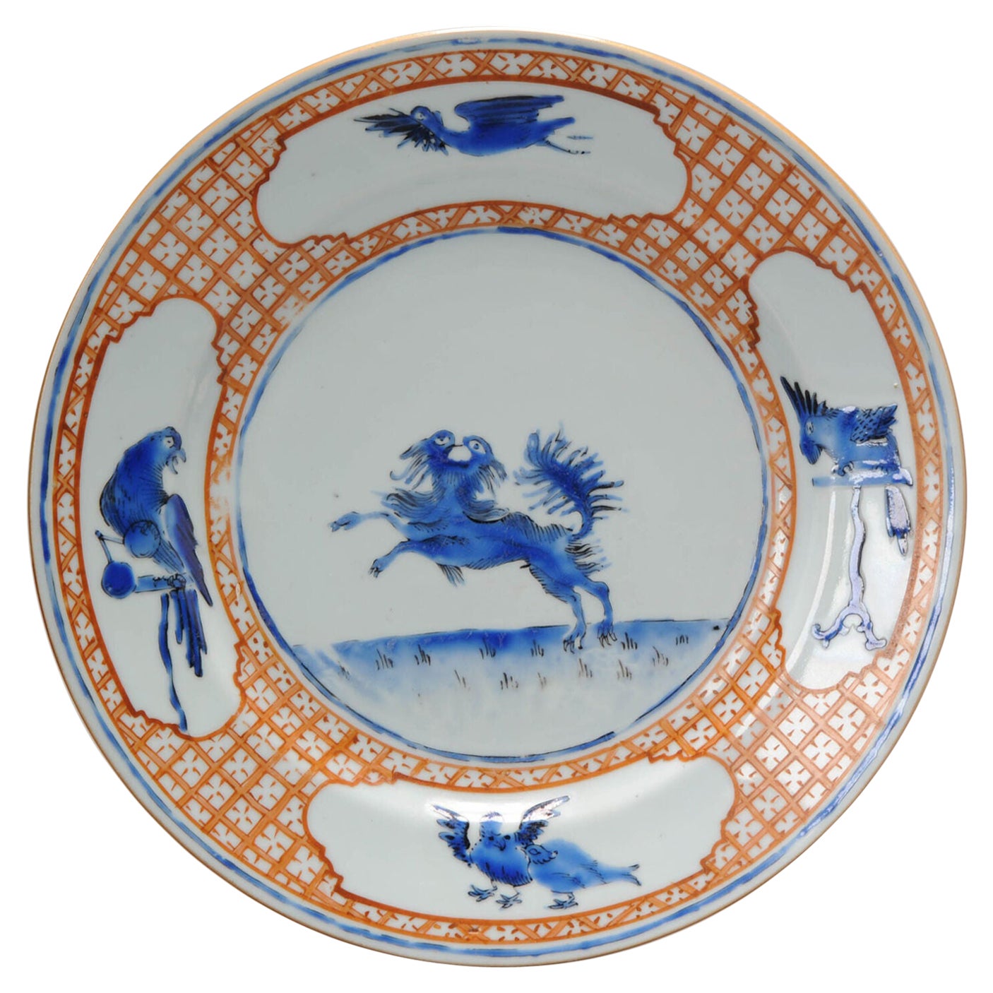 Antique Chinese Porcelain Export Dish "Leaping Pekinese" Qianlong Pronk, 18th C
