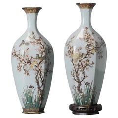 Antique Pair of Vases with Flowers and Birds Cloisonné Enamel Meiji Era, 1868-1912