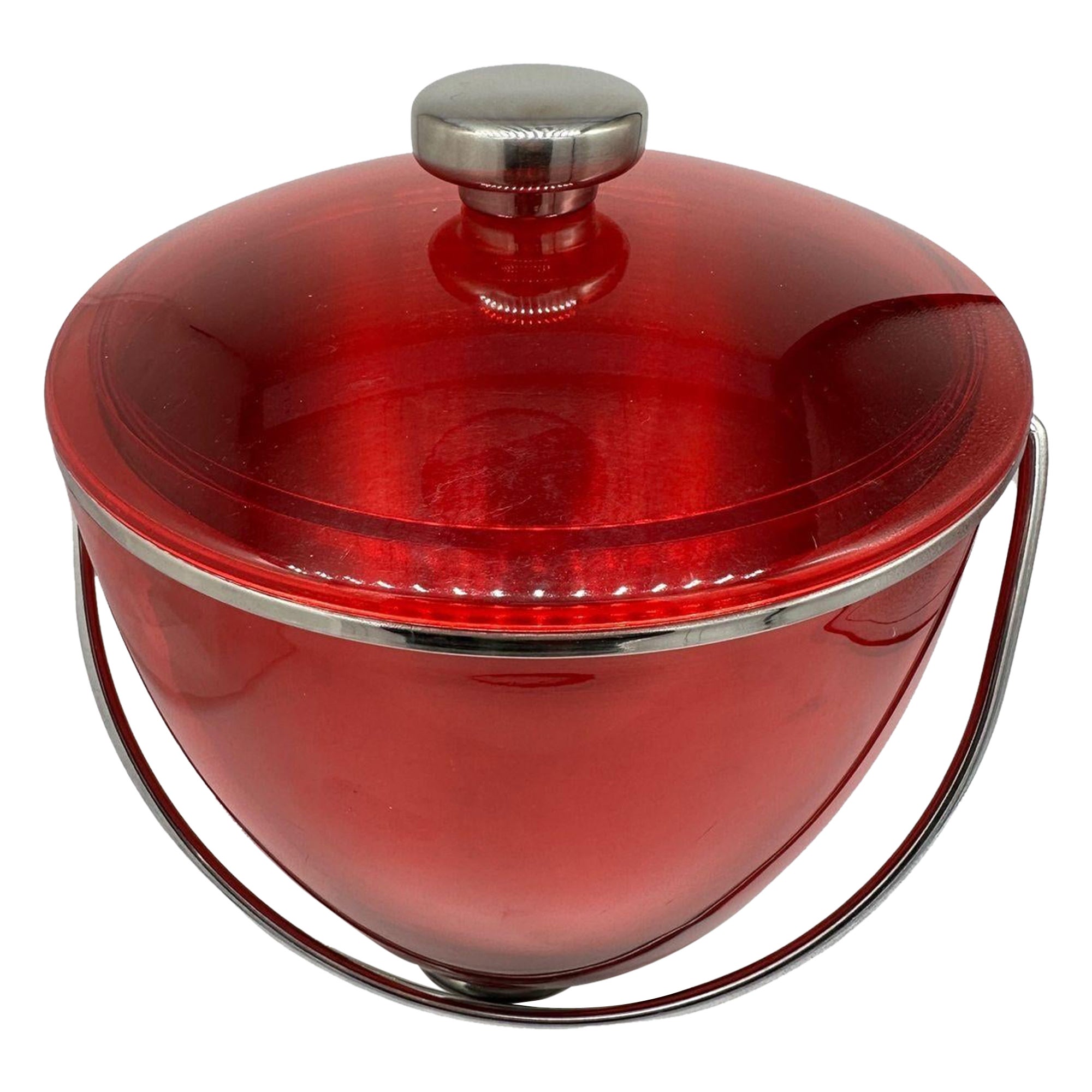 Mid-century Red Acrylic & Stainless Steel Ice Bucket