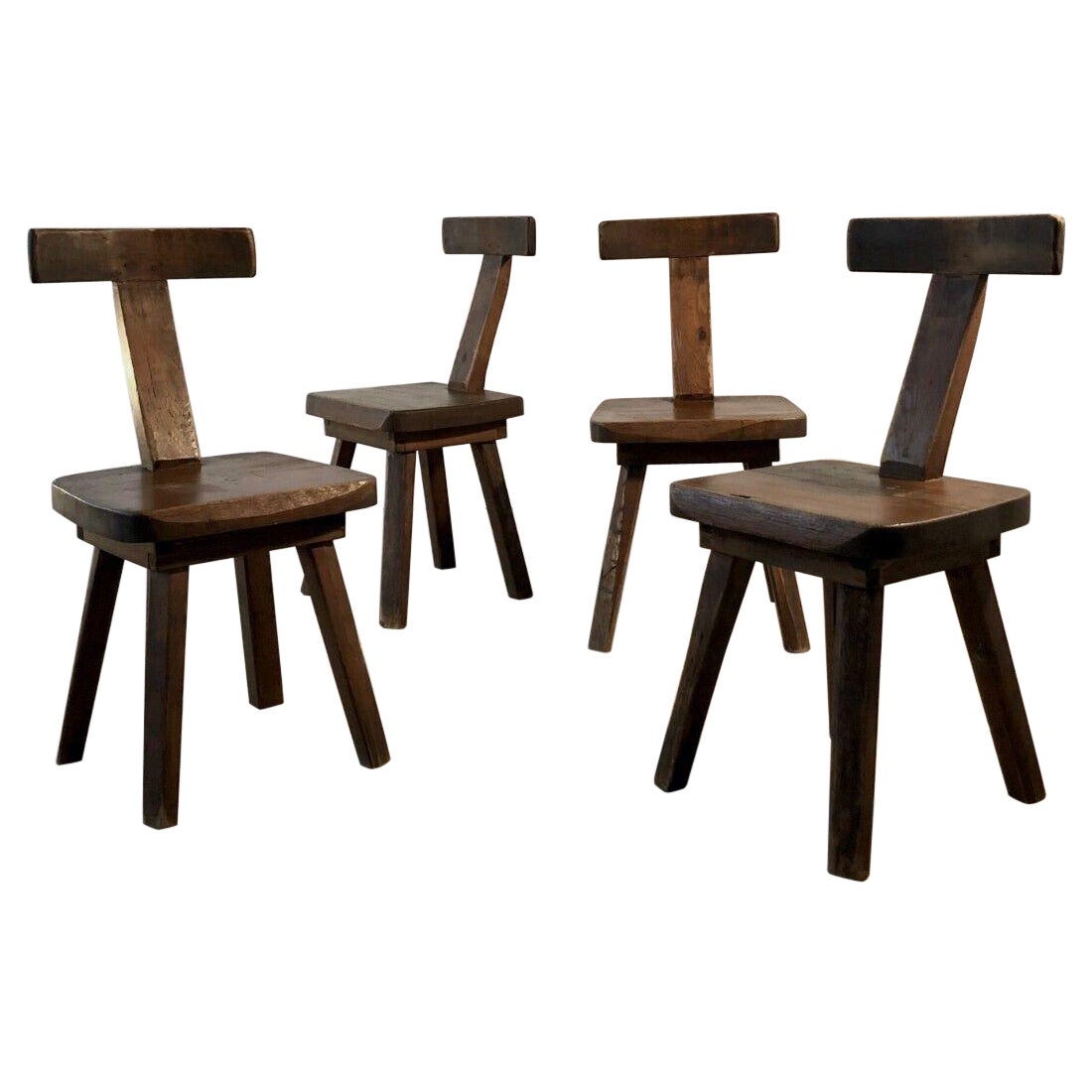 A Set of 4 BRUTALIST RUSTIC-MODERN MODERNIST "T" CHAIRS, by ARANJOU, France 1950